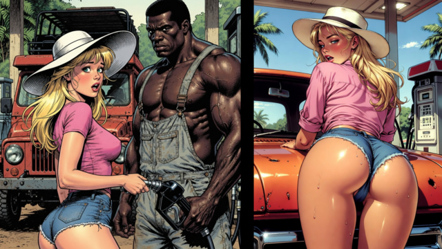 Jungle Gas Station: White Wife's Adventure with a Black BBC - Cuckold Cartoon
