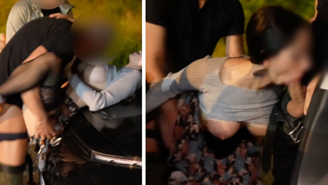 Amateur's First Car Sex Turns into a Wild Parking Lot Gang Bang with Three Cocks