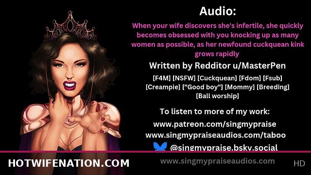When your wife discovers she's infertile, she quickly becomes obsessed with you knocking up as many women as possible -Performed by Singmypraise